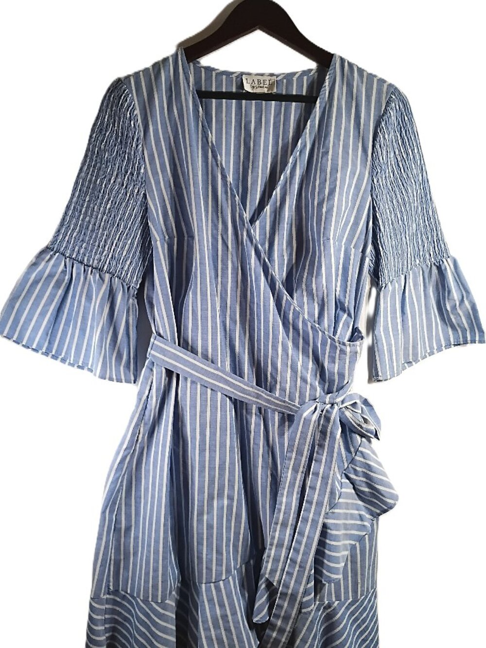 LABEL Women's Blue/White Striped Faux Wrapped Dress Size 10
